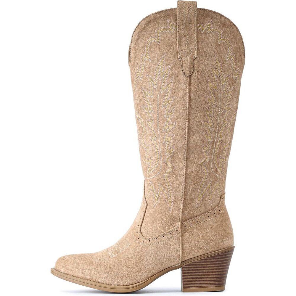 Women Apricot Chunky Heel Pointed Toe Cowgirl Mid Calf Embroidery Western Boots - Picture 5 of 6